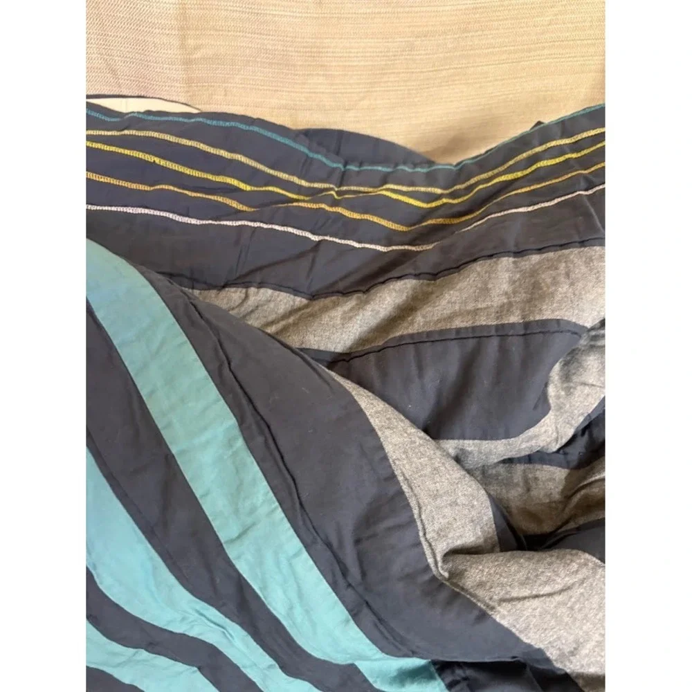 Pottery Barn Teen Queen Striped Comforter Navy Blue Grey Teal Embroidered PBteen